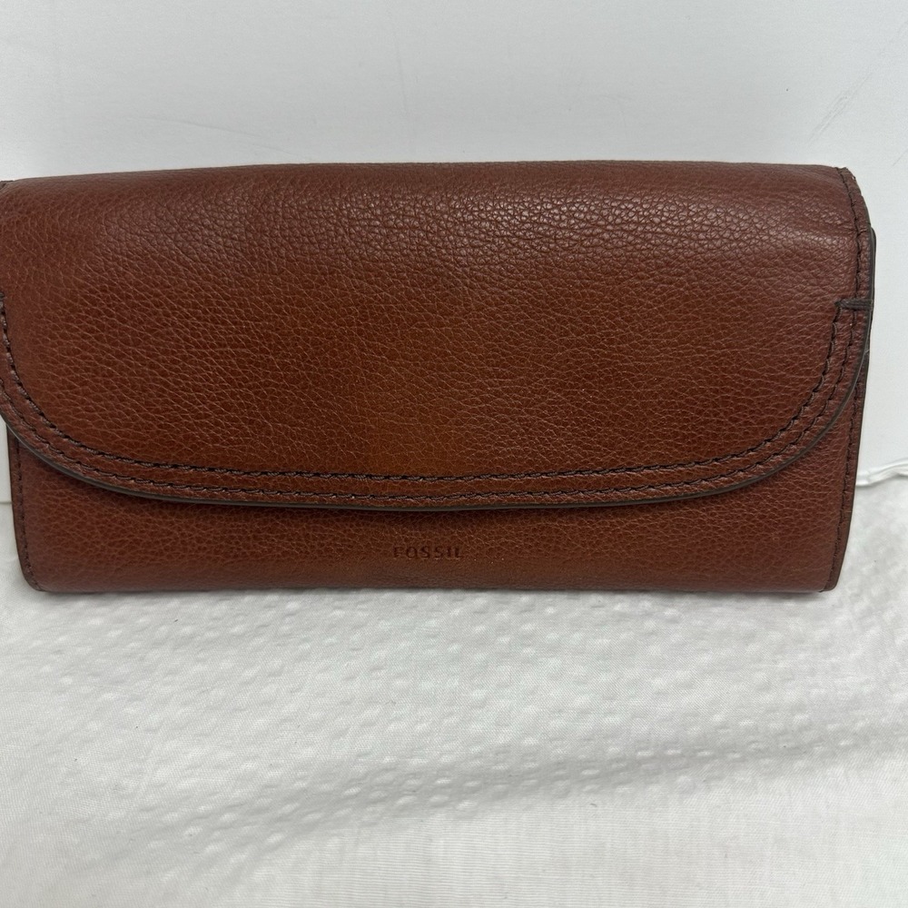 Brown Fossil Cleo Clutch Wallet - Genuine Cow Hide Leather Coin purse Pebbled 8"